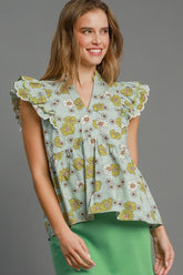 Umgee Full Size Floral Print Peplum Top Plus Size MINT BLUE MIX OutfitFlow